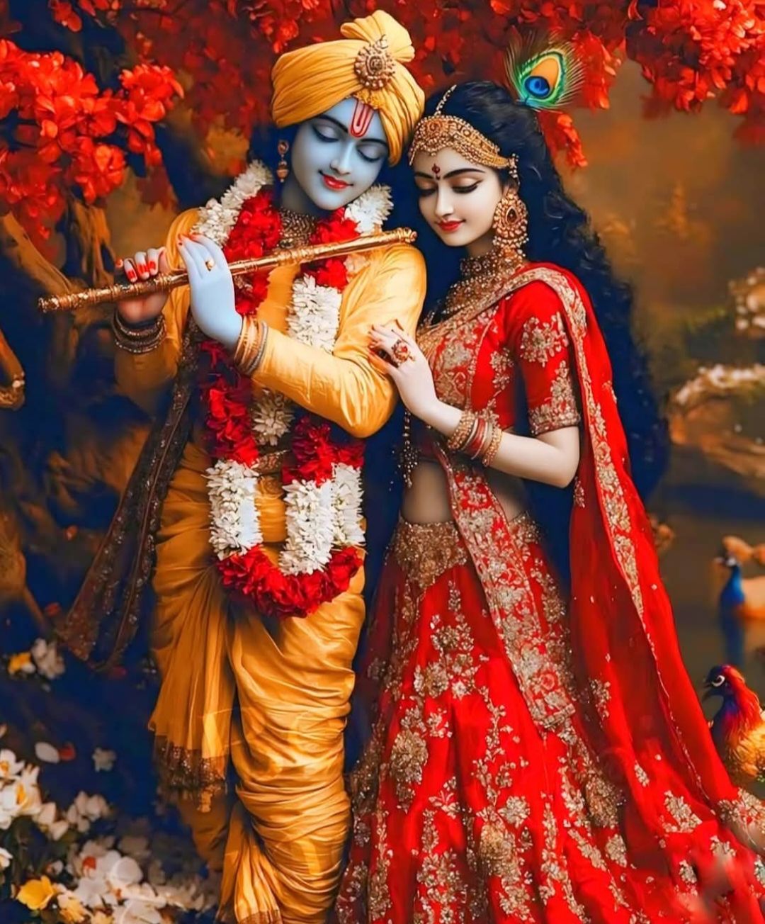 Krishna and Radha playing flute together