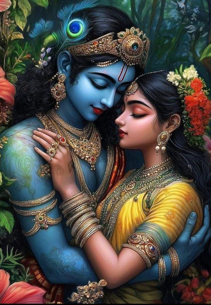 Radha and Krishna in a loving embrace