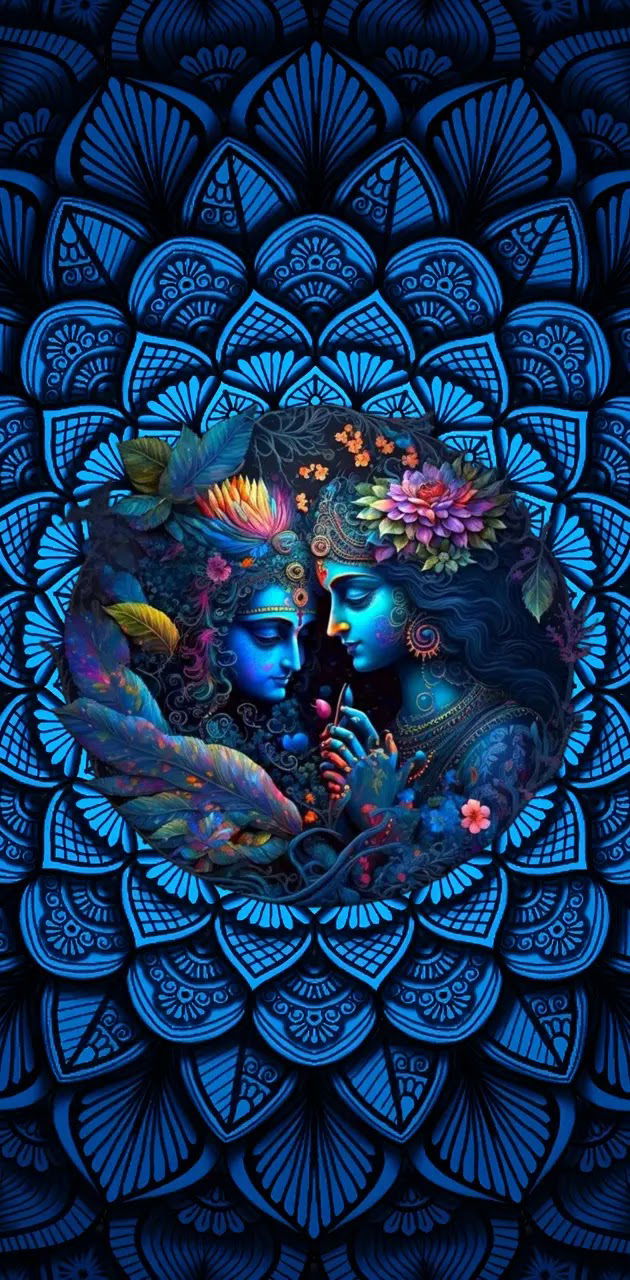 Radha and Krishna in floral mandala
