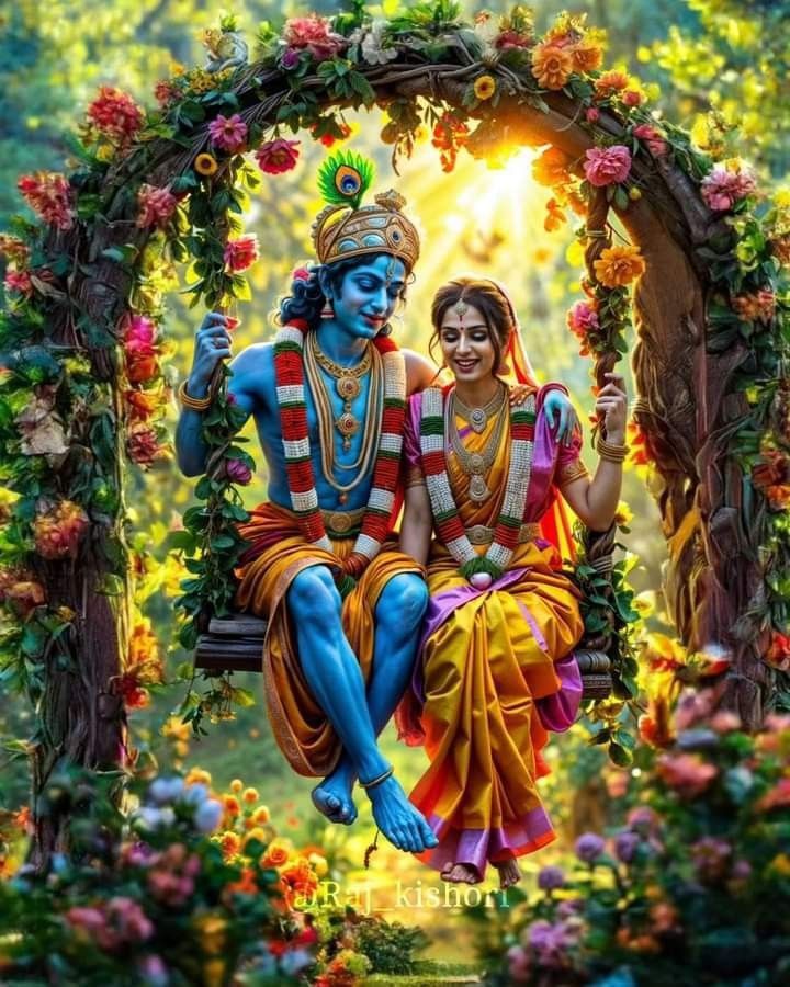 Krishna and Radha seated under floral arch