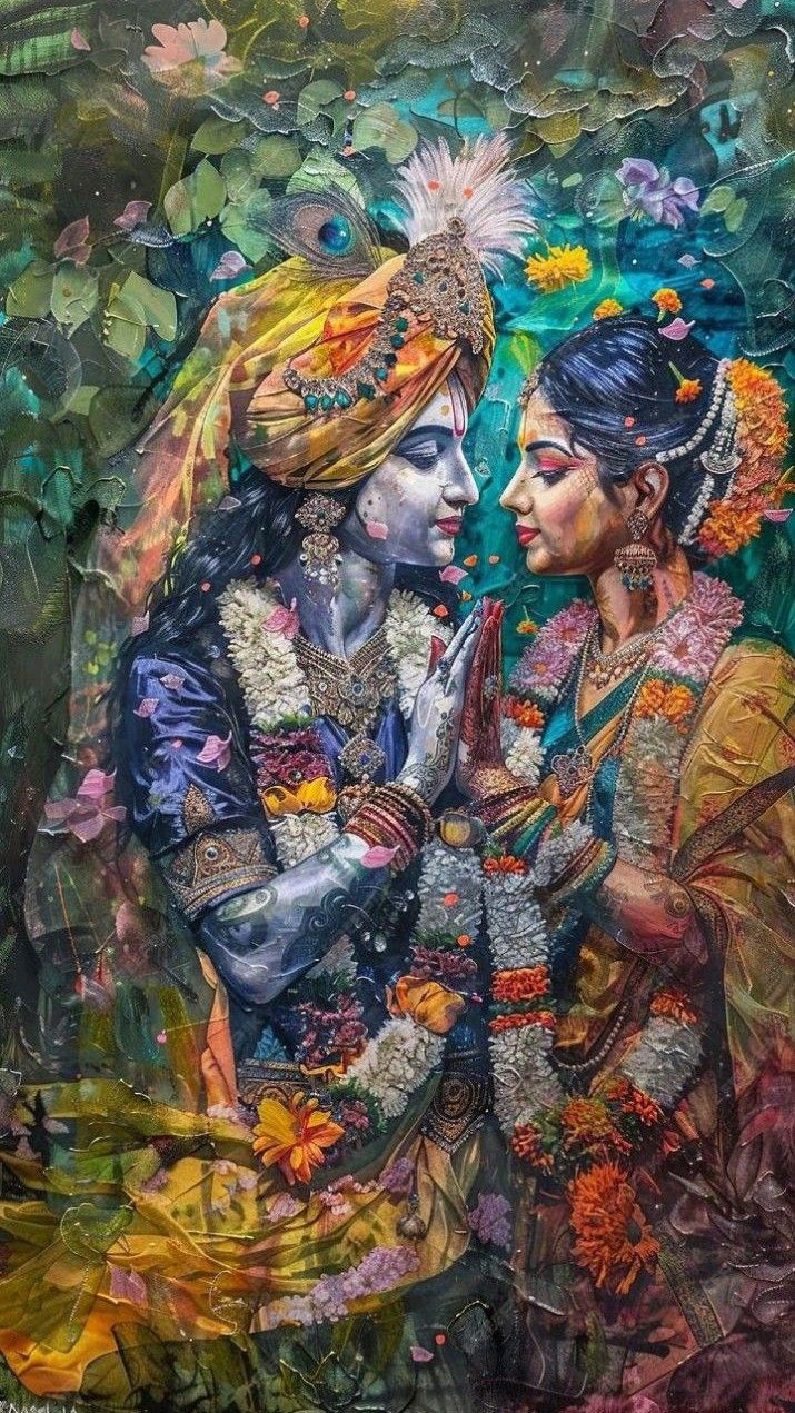 Radha Krishna floral divine love portrait
