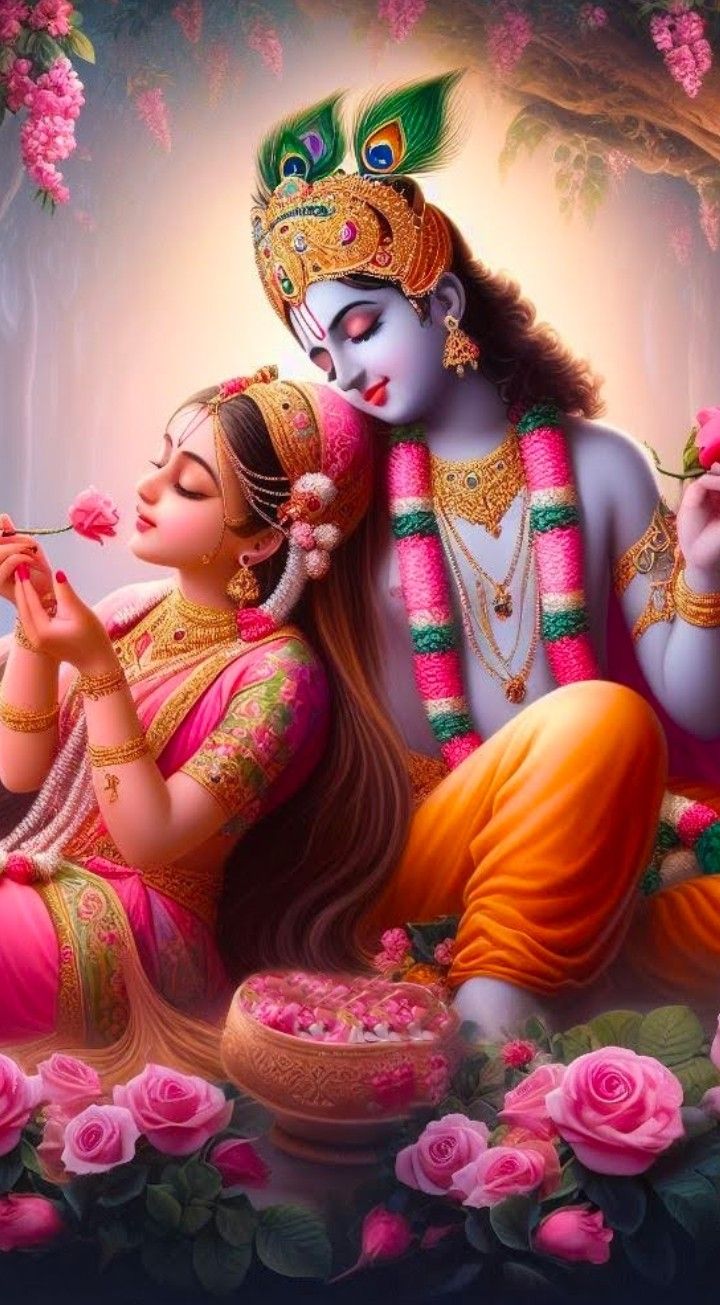 Radha Krishna embracing amidst flowers