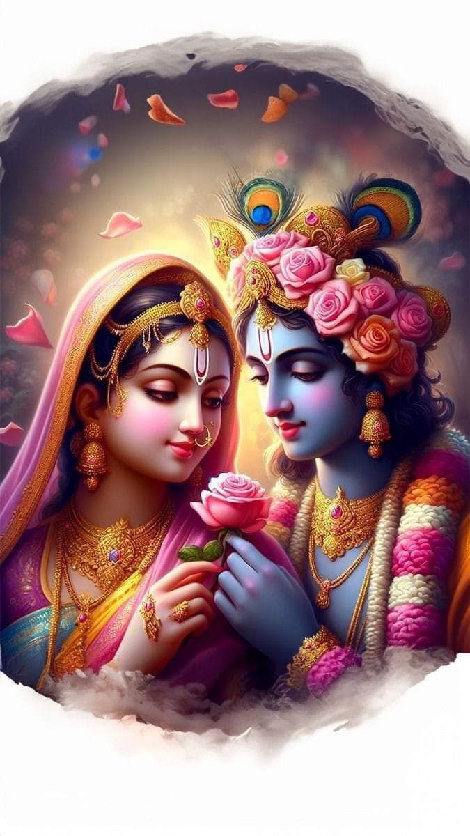 Radha and Krishna amidst rose petals