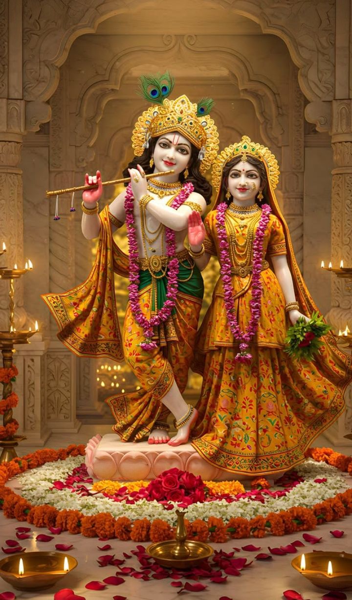 Radha Krishna statue adorned with flowers.