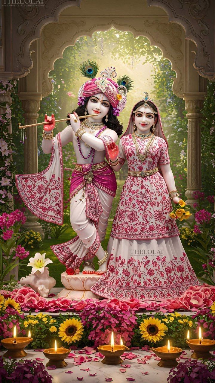 Radha Krishna divine couple floral wallpaper