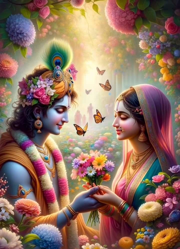 Radha and Krishna amidst blooming flowers