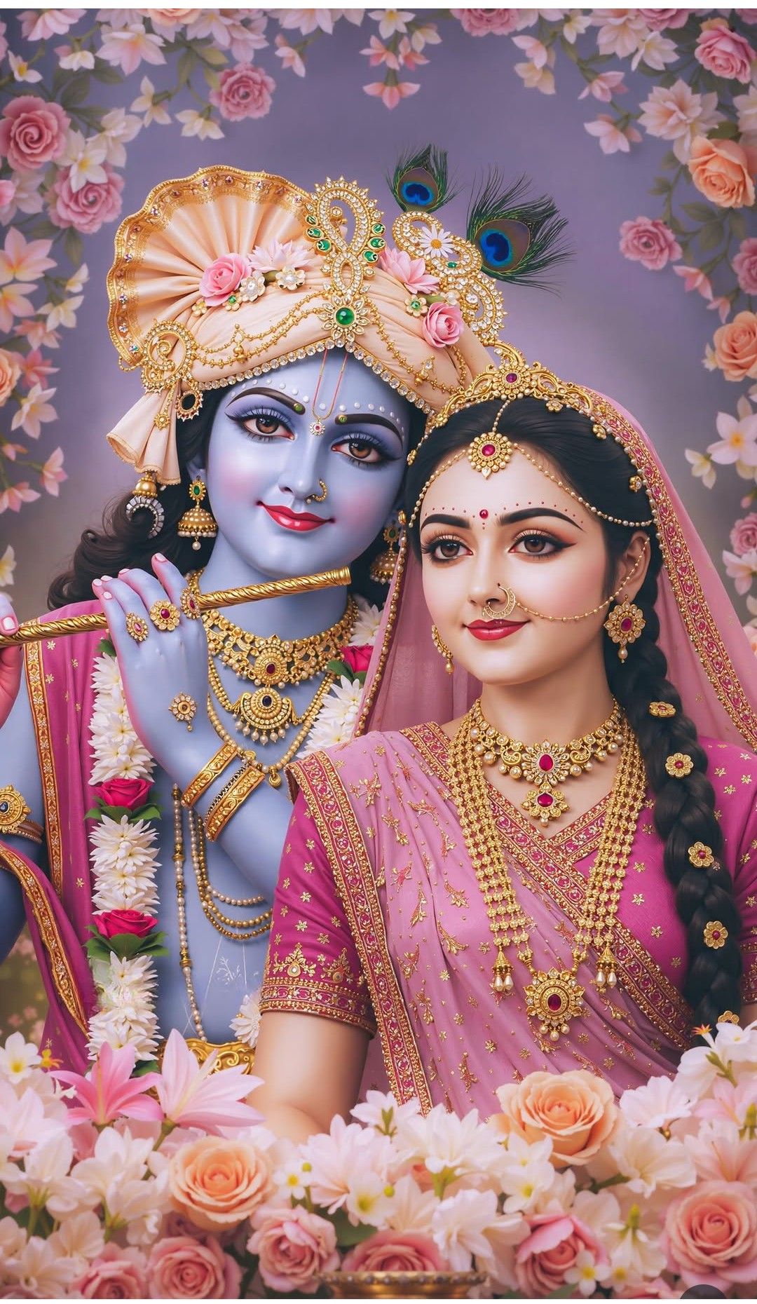 Radha and Krishna amidst floral beauty