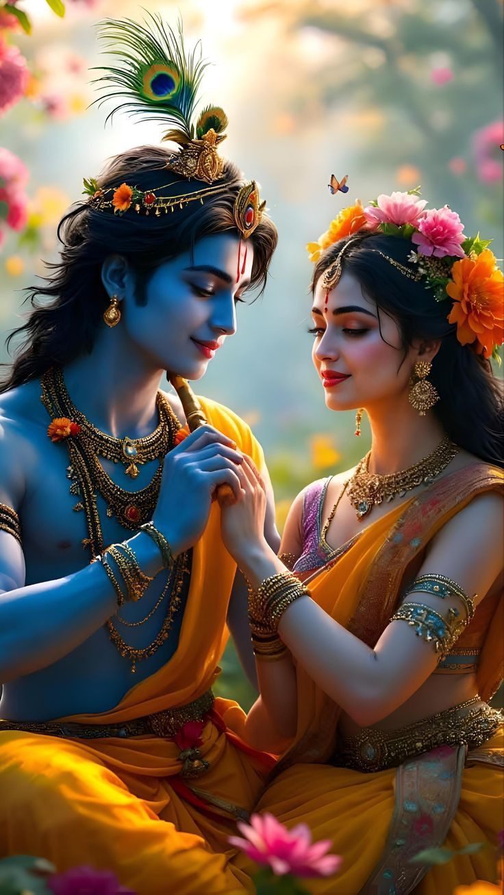 Radha Krishna holding hands floral background