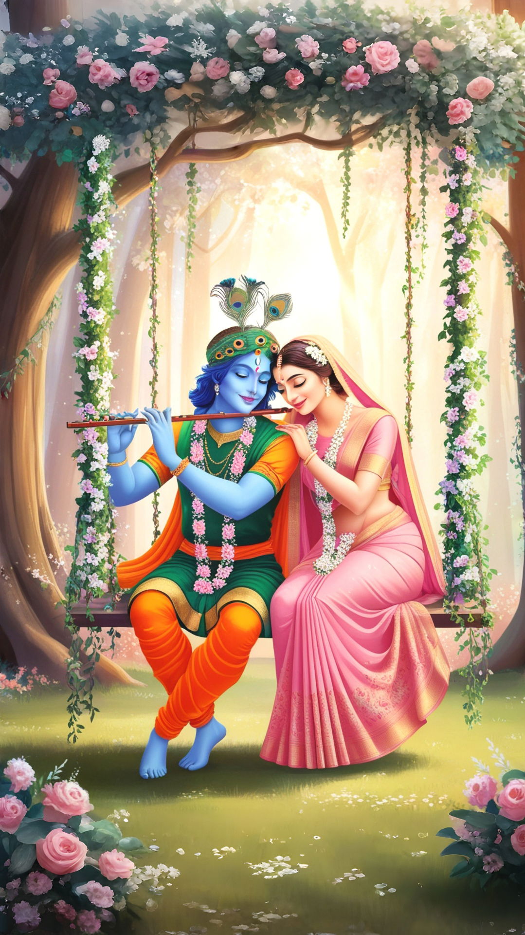 Krishna and Radha on a floral swing