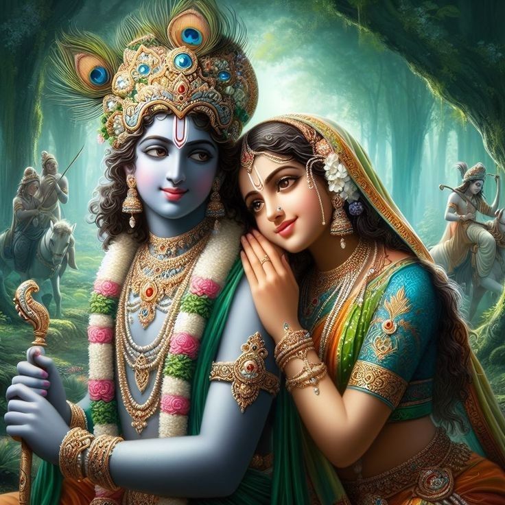 Radha and Krishna in a loving embrace