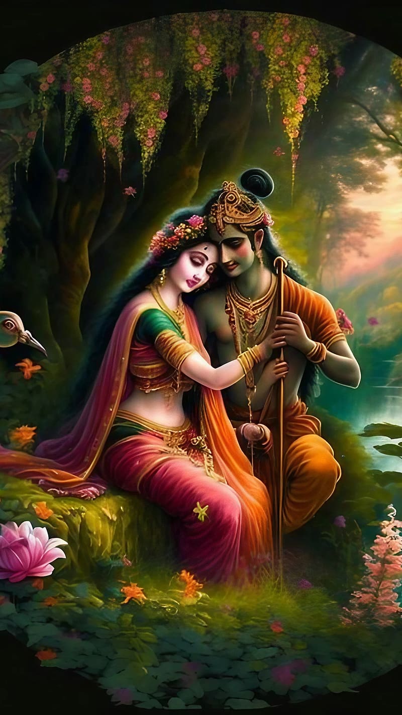 Radha and Krishna in a serene forest