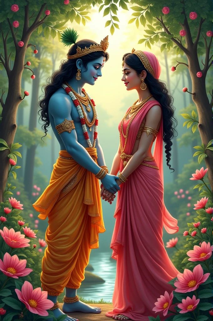 Radha and Krishna in a forest setting
