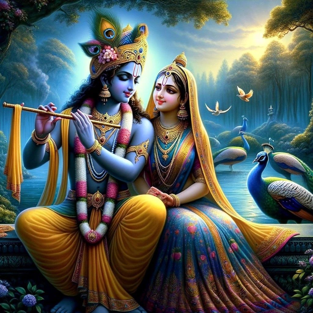 Krishna and Radha in a forest setting