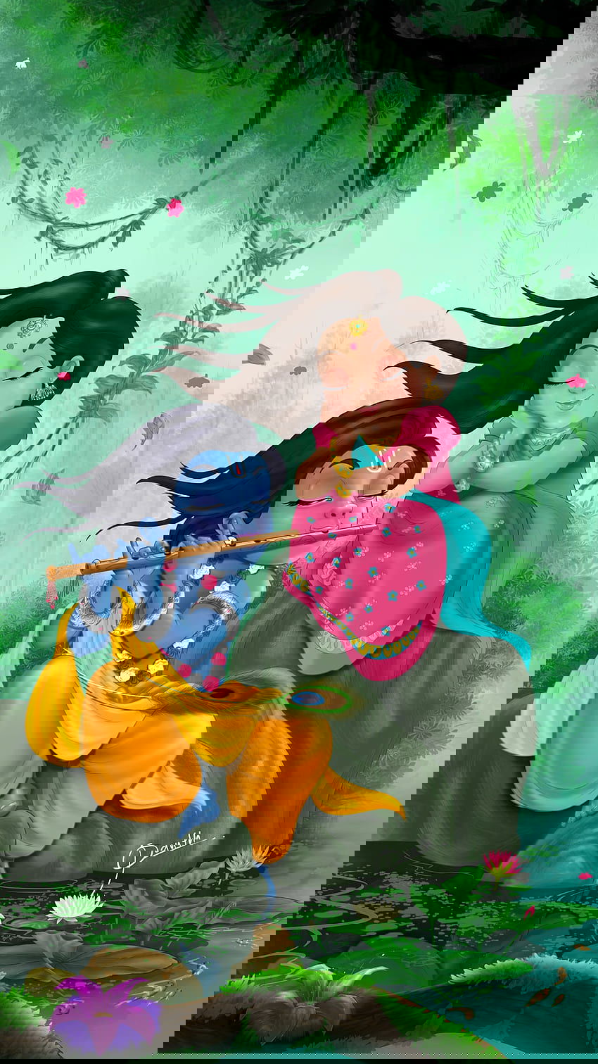 Radha Krishna playing flute in forest