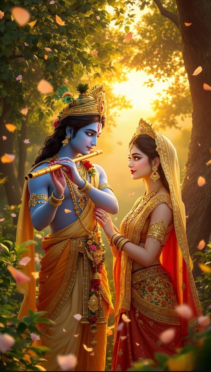 Radha and Krishna in a forest setting
