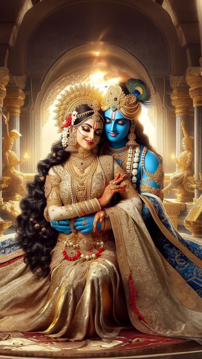 Radha and Krishna in golden embrace