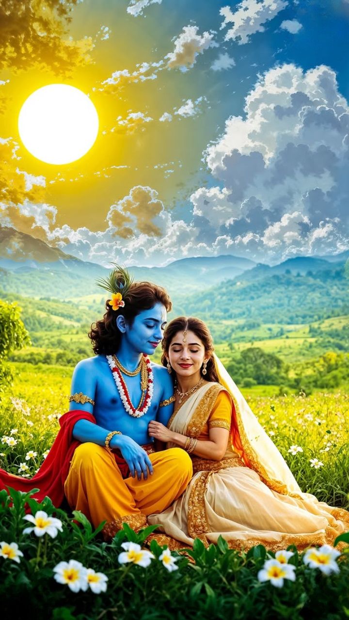 Radha and Krishna in a blooming field