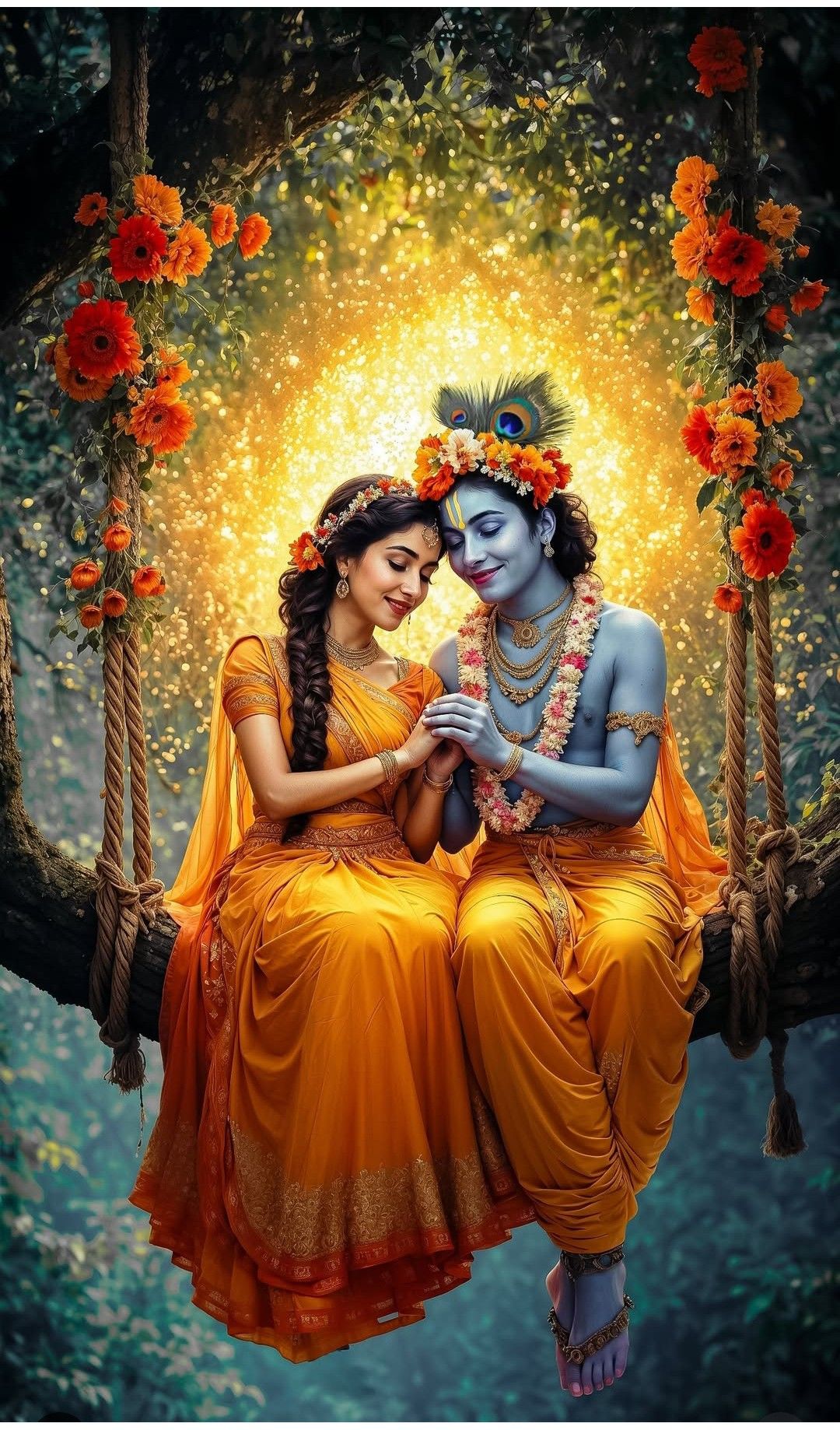 Radha Krishna on floral swing.
