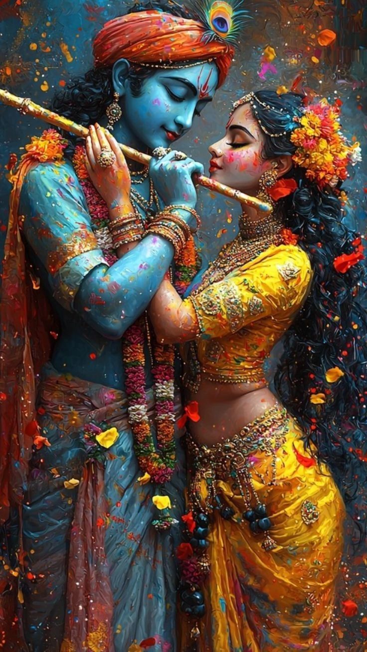 Radha Krishna celebrating Holi with flute