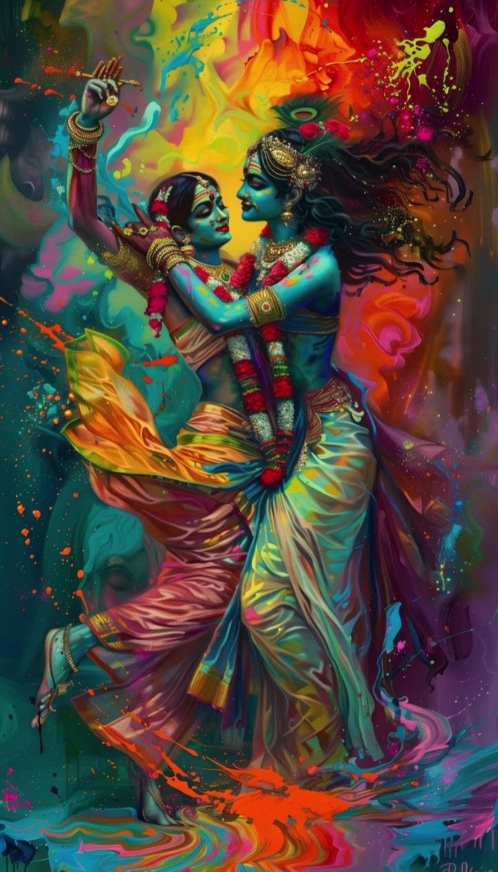 Radha and Krishna in colorful Holi celebration