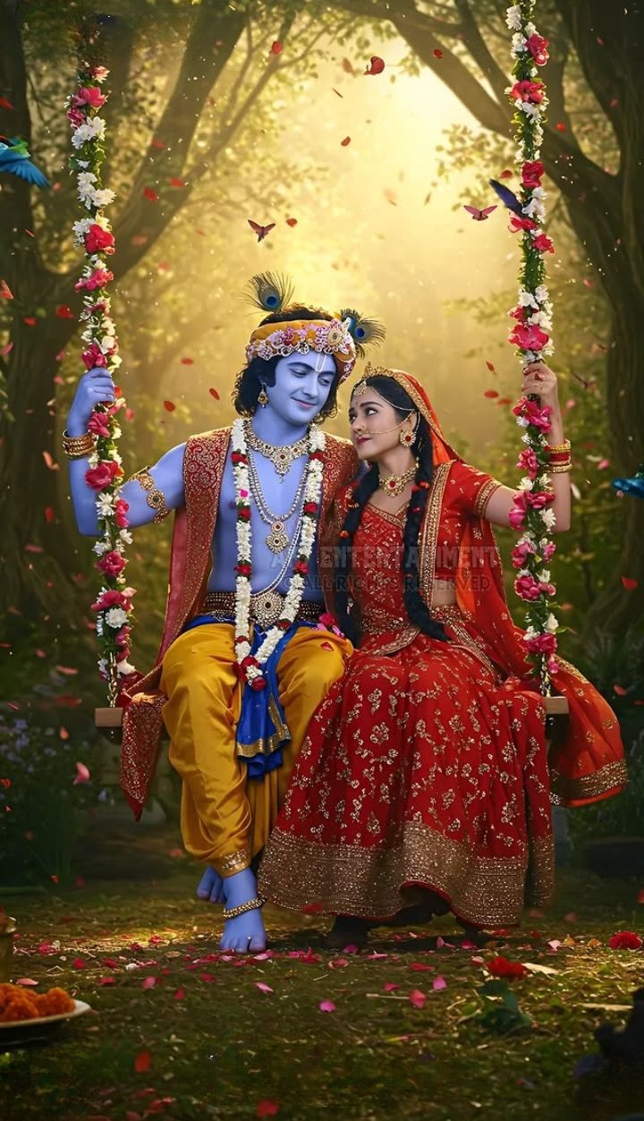 Radha and Krishna on a floral swing