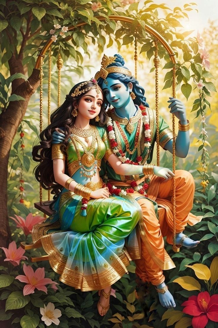 Radha and Krishna on a floral swing