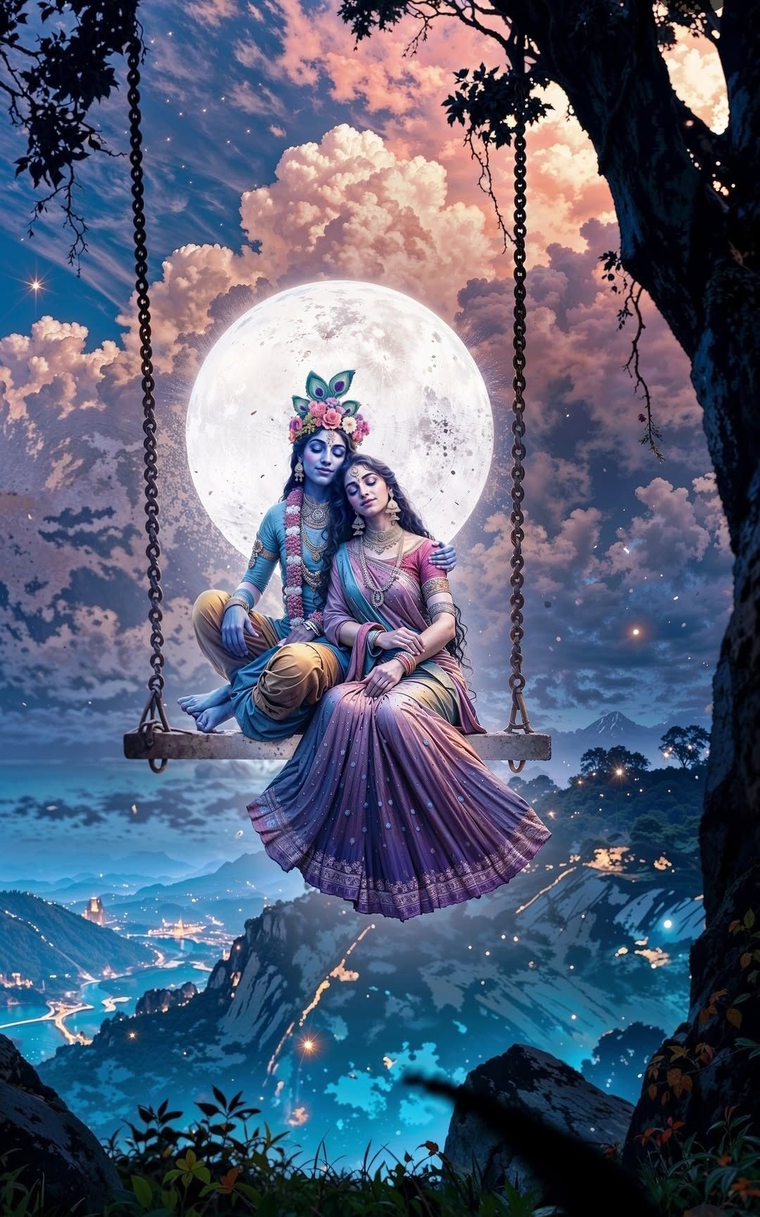 Radha Krishna swinging under full moon
