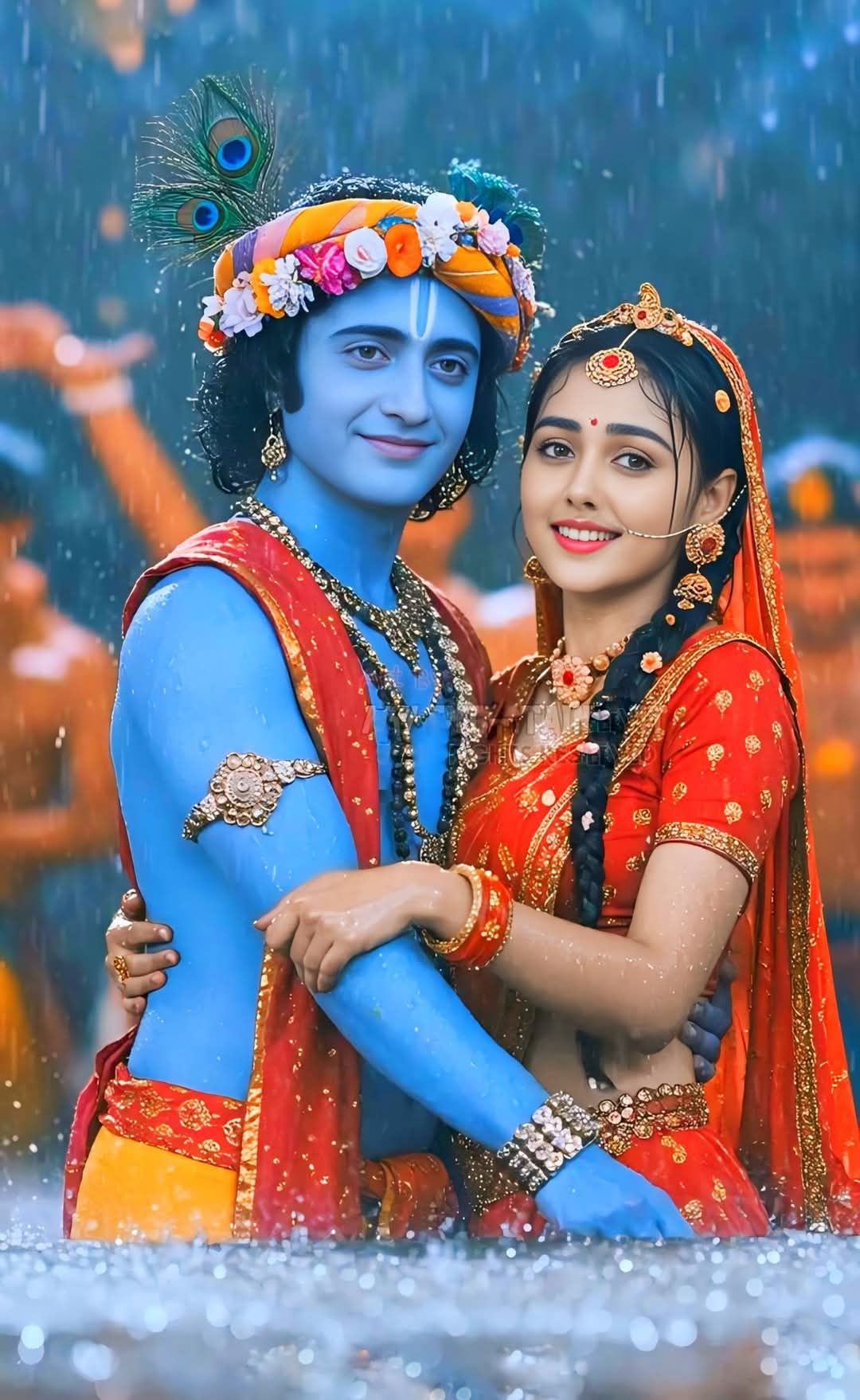 Radha and Krishna in a monsoon rain