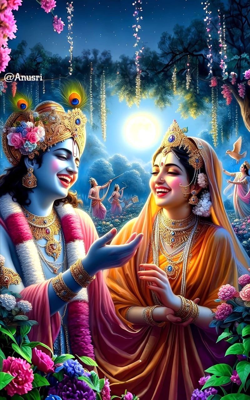 Radha and Krishna in a moonlit garden.