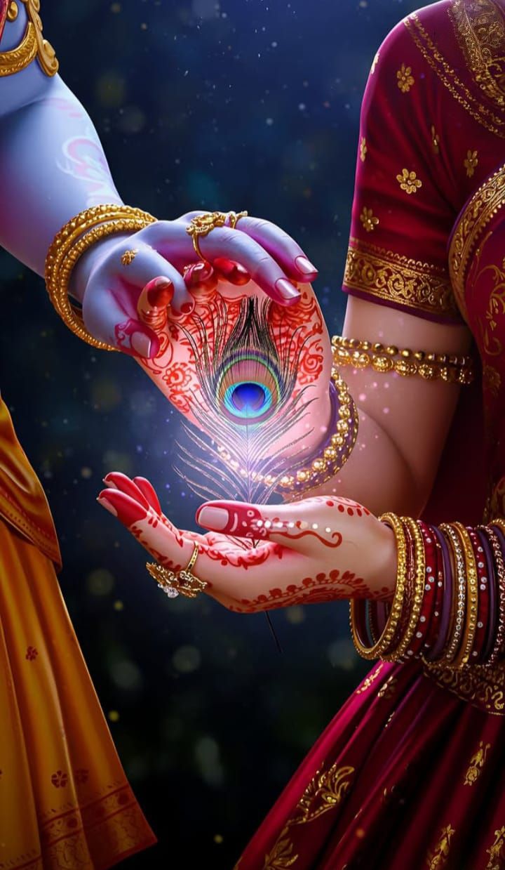 Radha and Krishna holding a peacock feather.