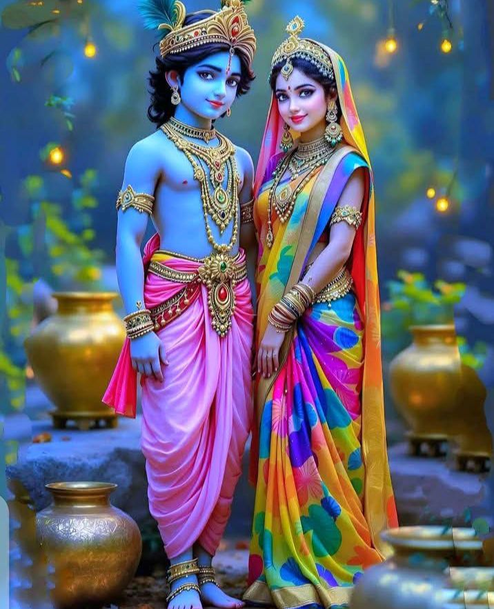 Krishna and Radha in vibrant attire.