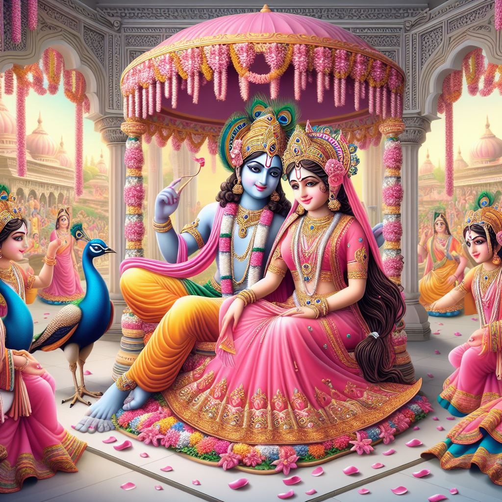 Radha Krishna seated on a palanquin