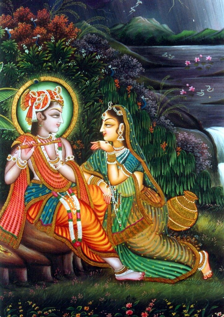 Krishna and Radha in a lush garden