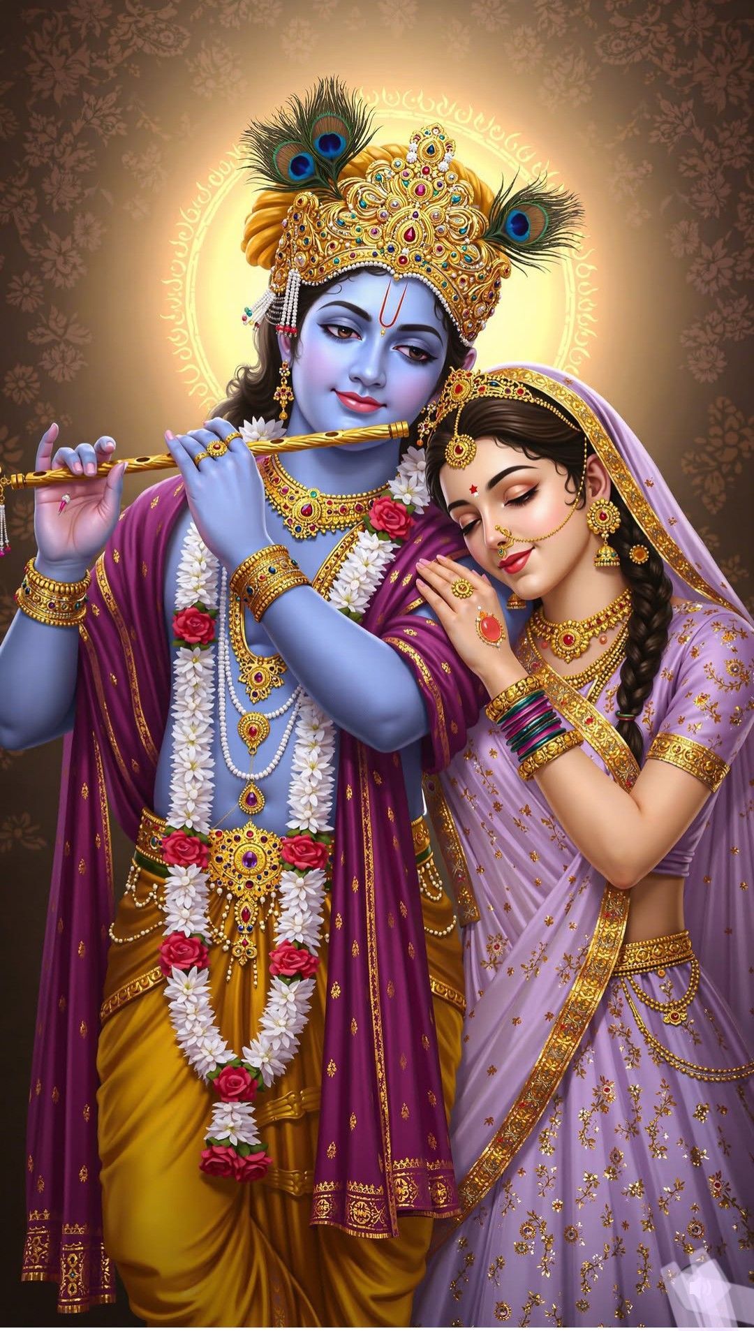 Radha and Krishna share a loving moment.