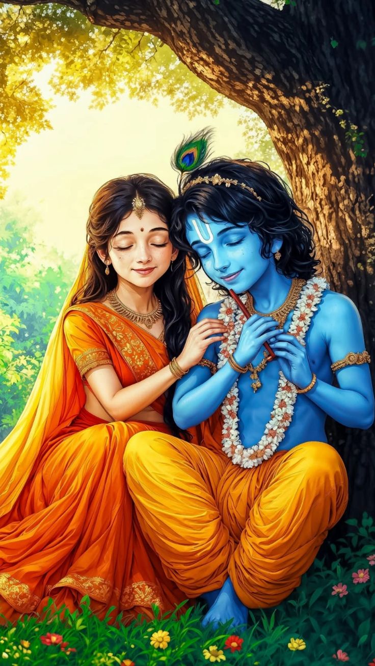 Radha and Krishna in a tranquil forest