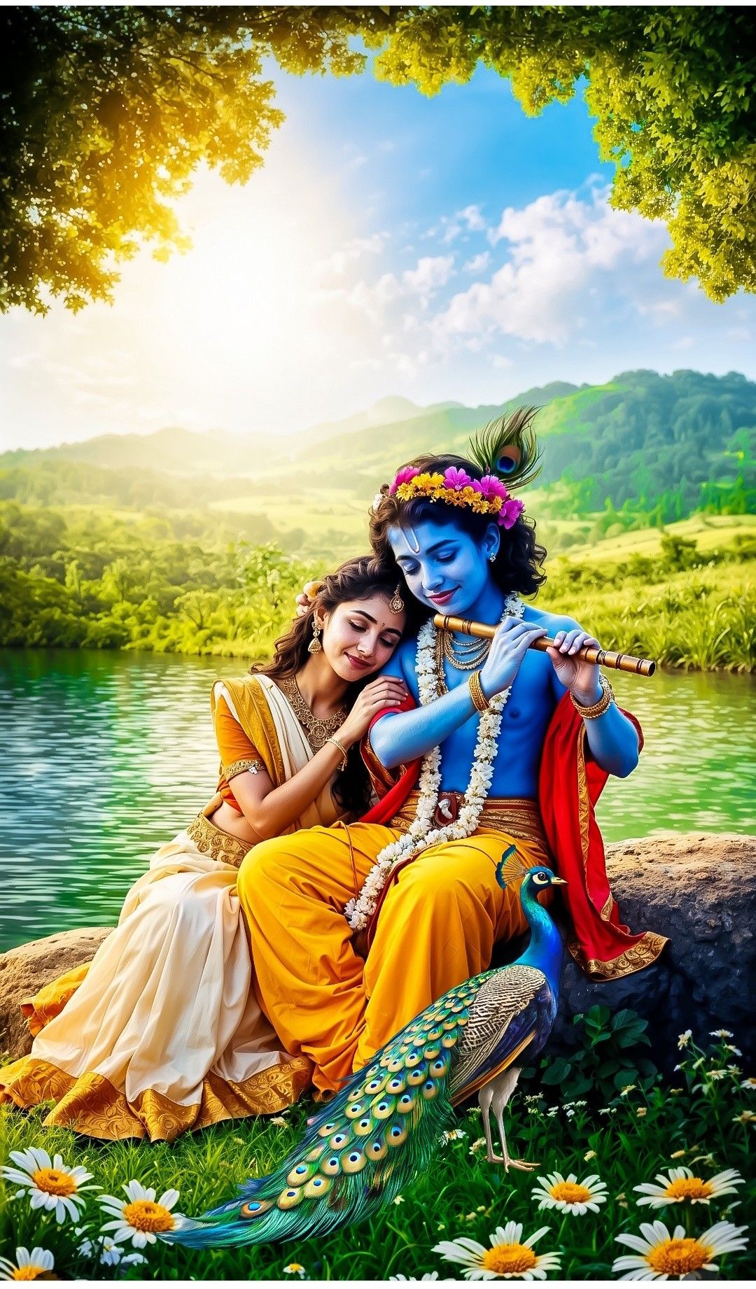 Radha Krishna seated by a river