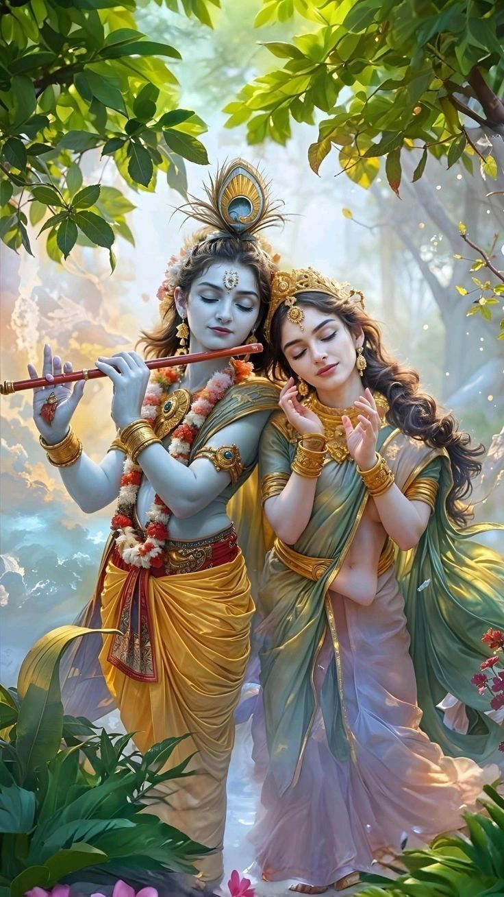 Krishna and Radha playing flute in forest