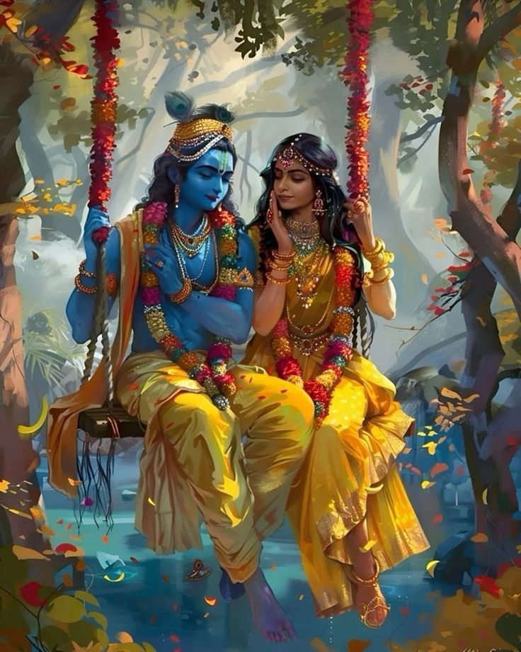 Radha and Krishna on a floral swing