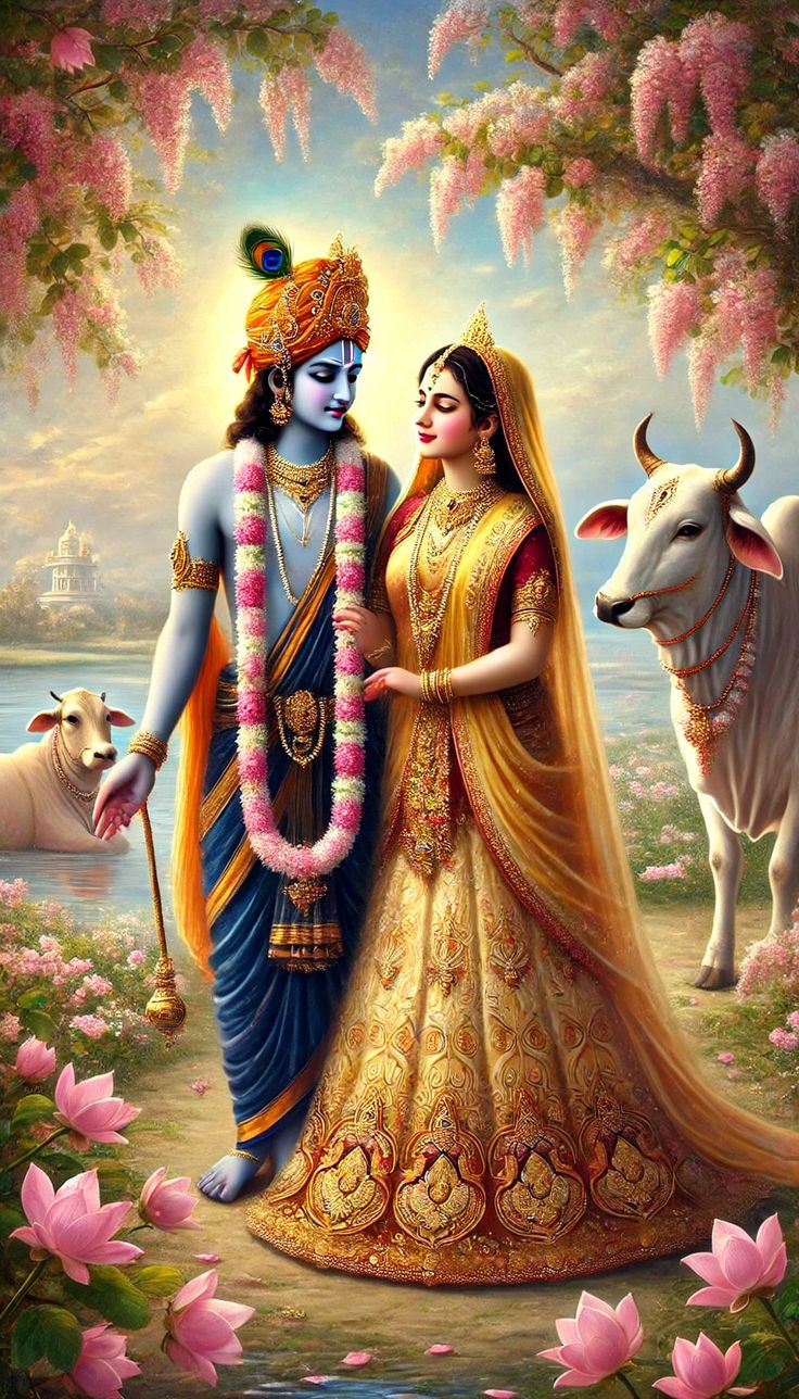 Radha Krishna strolling in a garden