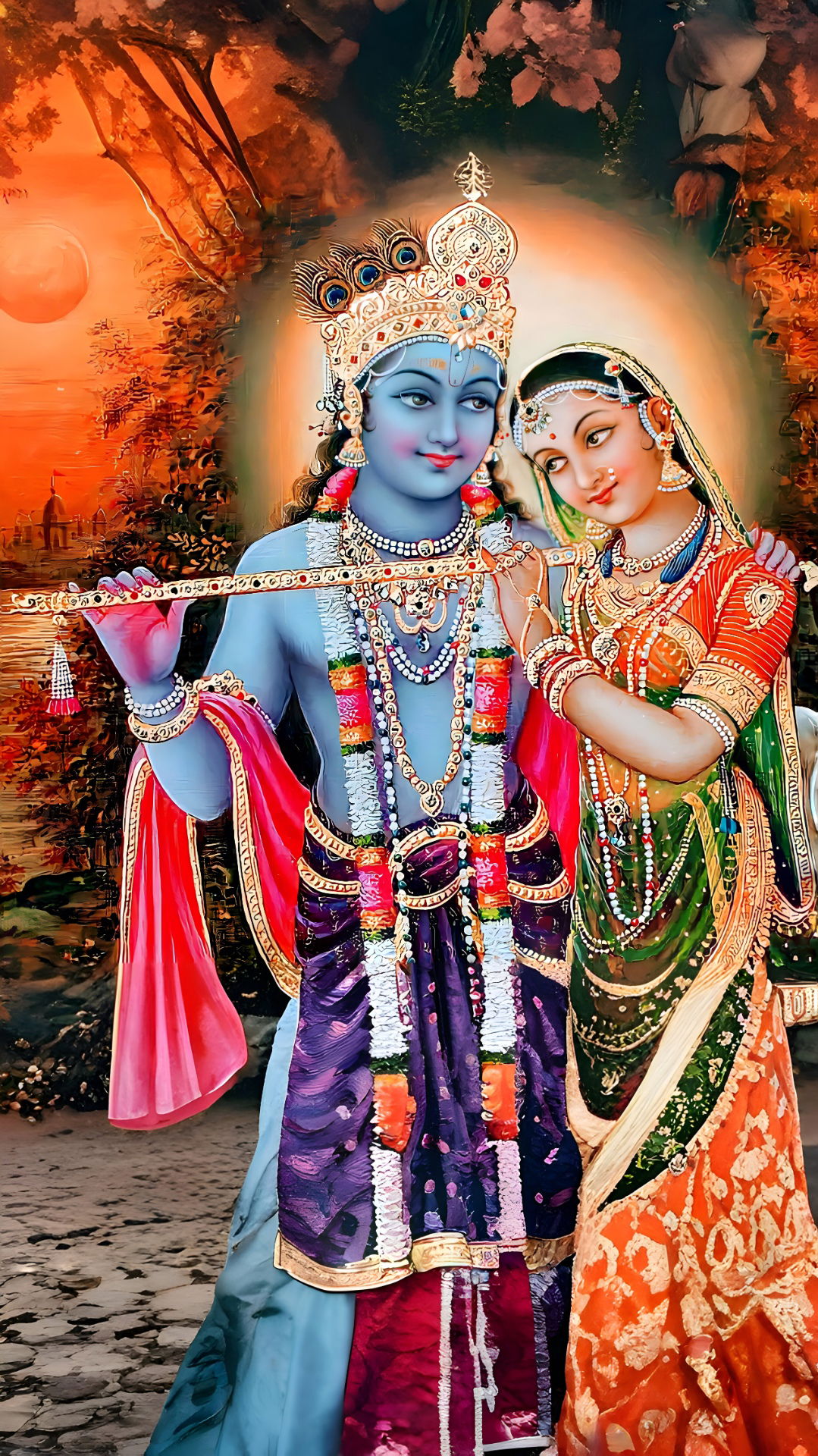 Krishna and Radha by riverbank