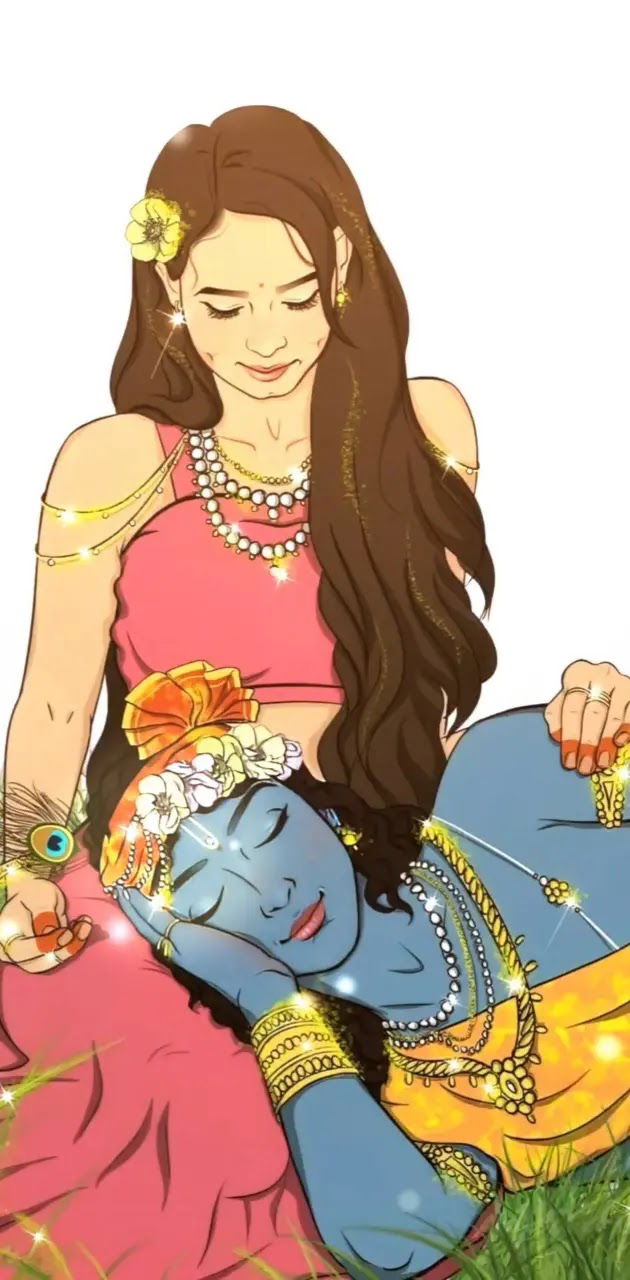 Radha and Krishna in loving embrace.