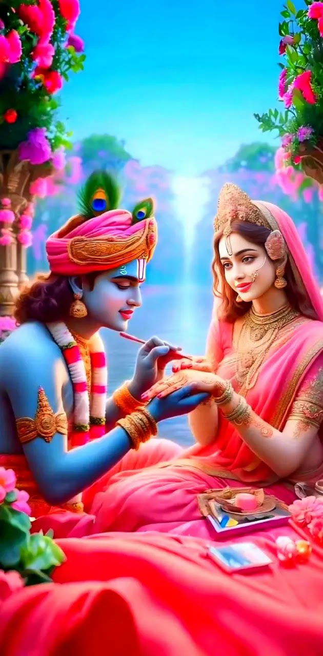 Radha and Krishna sharing a loving moment