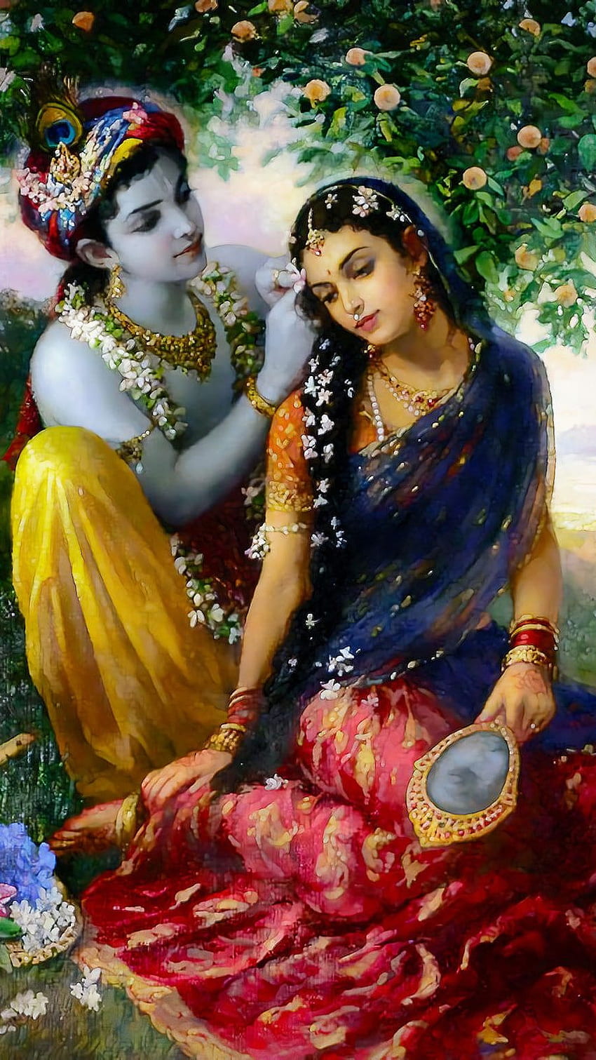 Krishna and Radha in a floral setting