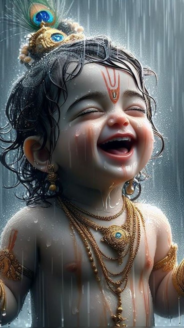 Laughing baby Krishna in the rain.