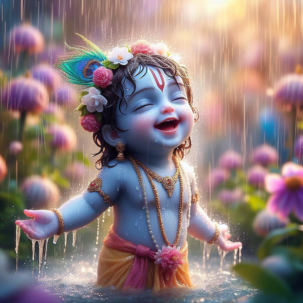 Joyful Krishna playing in the rain
