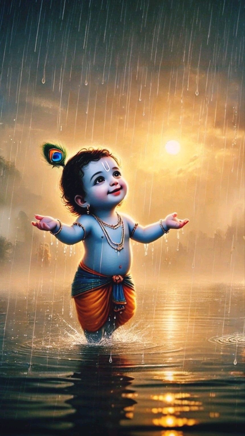 Baby Krishna enjoying monsoon rains