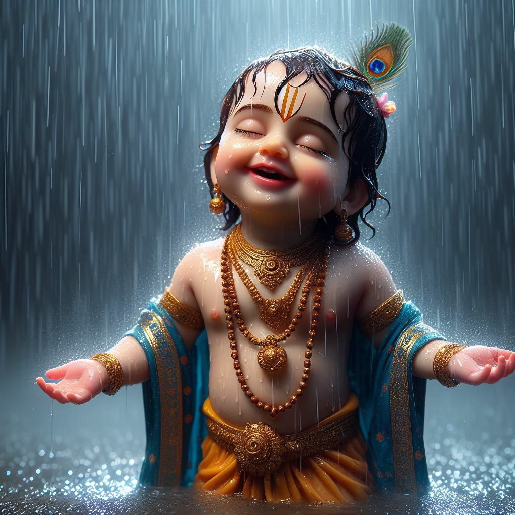 Baby Krishna playing in the rain
