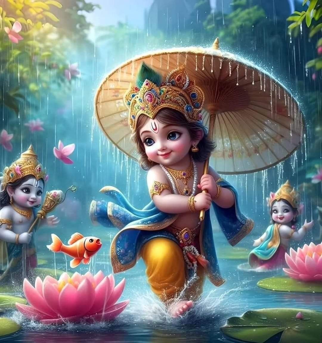 Krishna playing in the monsoon rain