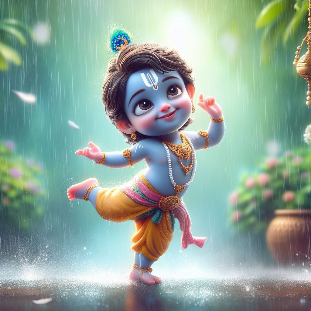 Baby Krishna dancing in the rain