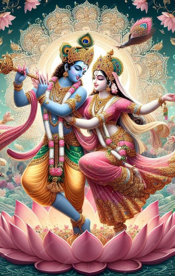 Krishna and Radha in a lotus blossom.